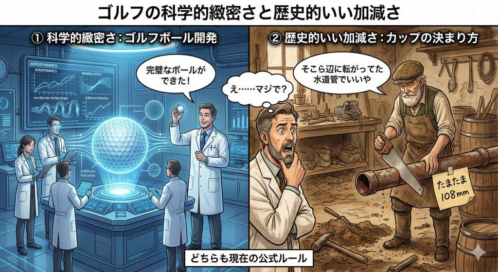 ゴルフボールのくぼみと、カップのサイズの秘密