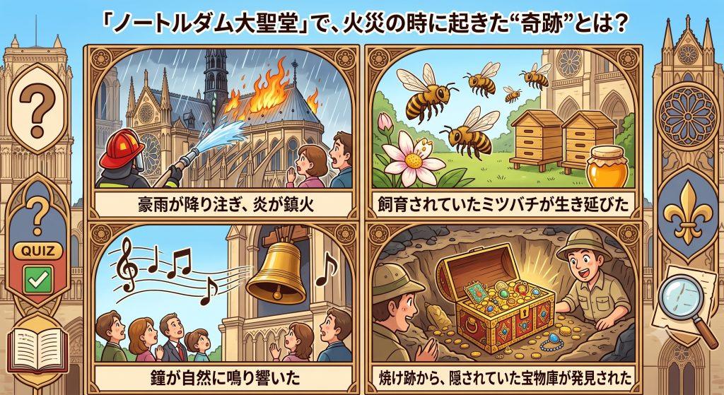 フランスの世界遺産「ノートルダム大聖堂」で、2019年の火災の時に起きた“奇跡”として知られる出来事はどれ？